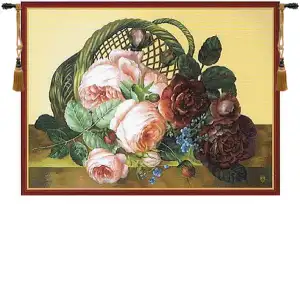Silk Basket of Flowers Beige French Tapestry Wall Hanging  28x38 Inch Cotton Jacquard Woven Wall Tapestry