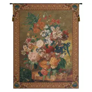 Terracotta Floral Bouquet Gold Belgian Tapestry Wall Hanging 64x48 Inch Cotton Jacquard Woven Wall Tapestry