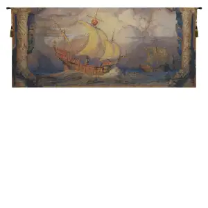 Vintage Caravelle Nautical Tapestry Wall Hanging 25 x 58 in Sailing Ship Maritime Jacquard Woven Coastal Decor