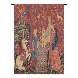 Medieval The Hearing L'ouie Vintage Tapestry Wall Hanging 25 x 18 in Lady Unicorn Jacquard Woven Decor