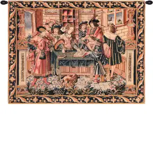 Medieval The Accountant Vintage Tapestry Wall Hanging 20 x 26 in Renaissance Merchant Jacquard Woven European Decor