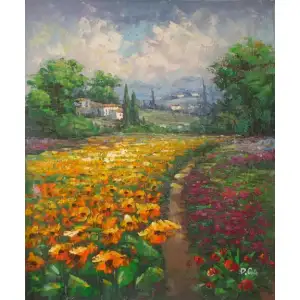 Garden Pathway Canvas Oil Painting 36x24 Floral Garden Landscape Decorative Wall Art