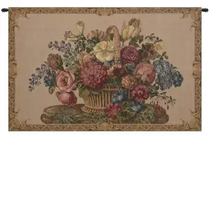 Flower Basket with Cream Chenille Italian Tapestry Wall Hanging 24x42 Inch Cotton Jacquard Woven Wall Tapestry