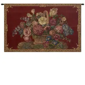 Flower Basket Burgundy Italian Tapestry Wall Hanging 26x45 Inch Cotton Jacquard Woven Wall Tapestry