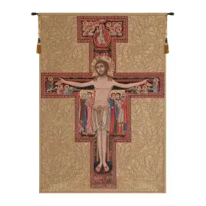 Crucifix Of St. Damian Italian Tapestry Wall Hanging 24 x 16 in Religious Christian Jacquard Woven Wall Art