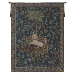 Medieval Licorne Captive Blue Vintage Tapestry Wall Hanging 44 x 34 in Jacquard Woven Unicorn Wall Art