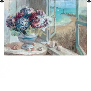 Coastal Hydrangeas Fine Art Tapestry Wall Hanging 35x53 Inch Cotton Jacquard Woven Wall Tapestry