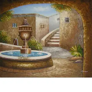 Terrace Fountain Canvas Wall Art 24x36 European Garden Landscape Home Decor