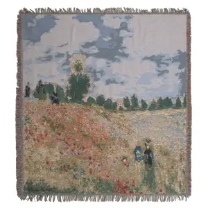 Monet's Coquelicots Belgian Jacquard Woven Tapestry Throw Blanket 58x58 Inch Poppy Decor