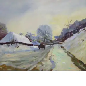 Cart and Road Under Snow Canvas Wall Art 24x36 Winter Landscape Fine Art Home Decor