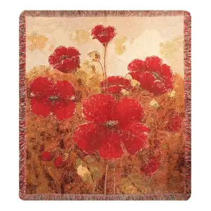 Garden Red Poppies Jacquard Woven Afghan Tapestry Throw Blanket 60x50 Inch Floral Decor