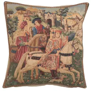 Medieval Hawking Scene Tapestry Pillow Cover 18x18 Inch Cotton Jacquard Woven Cushion Cover