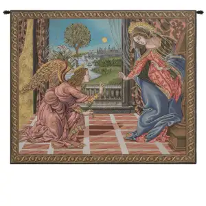Sandro Botticelli Annunciation Vintage Tapestry Wall Hanging 25 x 29 in Renaissance Christian Jacquard Woven Wall Art