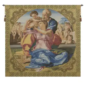 Michelangelo Sacred Family Vintage Tapestry Wall Hanging 53 x 53 in Renaissance Religious Jacquard Woven Wall Art