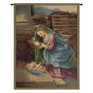 Raphael Madonna Adoring the Child Vintage Tapestry Wall Hanging 26 x 20 in Renaissance Religious Woven Wall Art