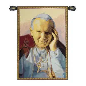 Pope John Paul II Papa Wojtyla Italian Tapestry Wall Hanging 26x17 Inch Cotton Jacquard Woven Wall Tapestry