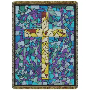 Stained Glass Cross Jacquard Woven Tapestry Throw Blanket 52x68 Inch Christian Decor