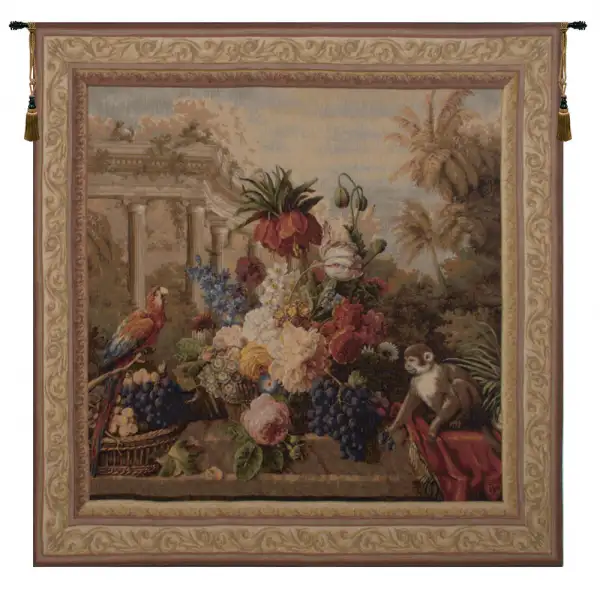 Bouquet Exotique with Monkey European Tapestry Wall hanging