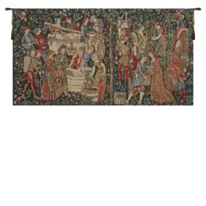 Medieval Vendages Red Tapestry Wall Hanging 22 x 39 in Vineyard Harvest Jacquard Woven European Wall Decor
