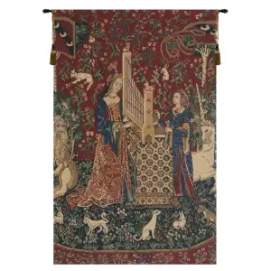 Medieval Lady and the Organ III Vintage Tapestry Wall Hanging 33 x 21 in French Woven Wall Decor