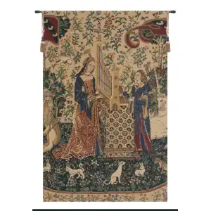 Medieval Lady & the Organ Beige Vintage Tapestry Wall Hanging 27 x 16 in French Woven Wall Decor