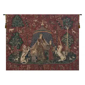 Medieval Lady and the Unicorn Vintage Tapestry Wall Hanging 33 x 44 in French Jacquard Woven Wall Decor