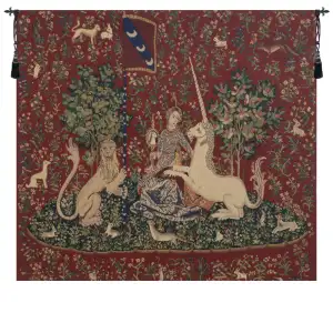 Medieval Lady & the Mirror Vintage Tapestry Wall Hanging 33 x 38 in French Unicorn Series Wall Decor