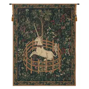 Medieval Unicorn In Captivity II Vintage Tapestry Wall Hanging 42 x 33 in Millefleurs Jacquard Woven Decor