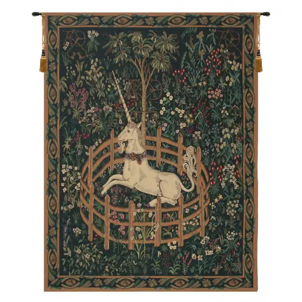 Unicorn In Captivity II (With Border) Tapestry Wall Art