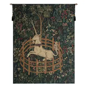 Medieval Unicorn In Captivity II Vintage Tapestry Wall Hanging 42 x 33 in Millefleurs Jacquard Woven Decor