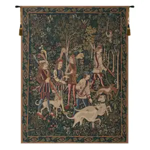 Medieval Unicorn Hunt with Border Vintage Tapestry Wall Hanging 42 x 33 in Millefleurs Jacquard Woven Decor - A - H 42" x W 33"