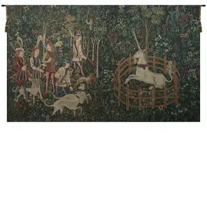 Medieval Unicorn Captive & Hunt Vintage Tapestry Wall Hanging 68 x 112 in Millefleurs Jacquard Woven Decor