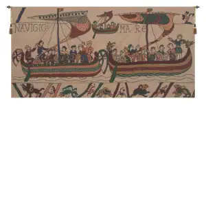 Bayeux Navigo Mare Vintage Tapestry Wall Hanging 21 x 43 in Medieval Ships Historical Jacquard Woven Decor