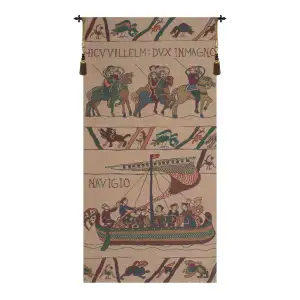 Bayeux William Navigio Vintage Tapestry Wall Hanging 43 x 21 in Medieval Ships Historical Jacquard Woven Decor