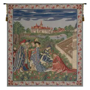 Medieval Duke De Berry Tapestry Wall Hanging 33 x 26 in Courtly Scene Jacquard Woven European Decor