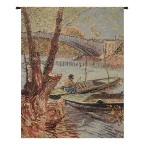 Vincent Van Gogh Fishing Spring Tapestry Wall Hanging 24 x 18 in Impressionist Landscape Jacquard Woven Fine Art Decor