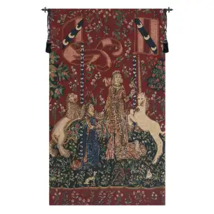 Medieval Taste Lady and Unicorn Tapestry Wall Hanging 27 x 16 in French Jacquard Woven Renaissance Decor