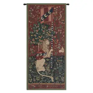 Medieval Portiere du Lion Tapestry Wall Hanging 46 x 21 in Heraldic Lion Jacquard Woven European Wall Decor