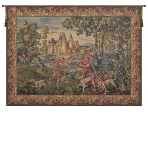 Medieval La Chasse Tapestry Wall Hanging 33 x 45 in Hunting Scene Jacquard Woven French European Wall Decor - A - H 33" x W 45"