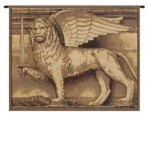 Alberto Passini Lion with Sword Tapestry Wall Hanging 12 x 15 in Venetian Heraldic Jacquard Woven Italian Decor