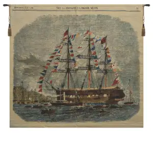 Antique Clipper Ship Fine Art Tapestry Wall Hanging 35 x 42 in Nautical Sailing Jacquard Woven Wall Decor