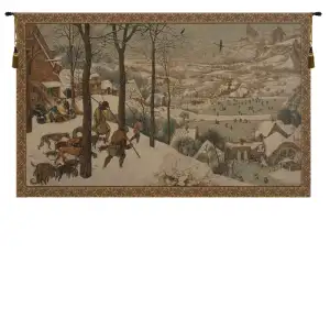 Pieter Bruegel Hunting in the Snow Vintage Tapestry Wall Hanging 24 x 42 in Jacquard Woven Winter Landscape Wall Art