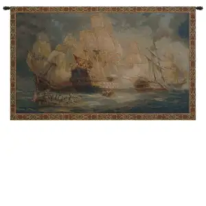 Vintage Naval Battle Tapestry Wall Hanging 24 x 42 in Jacquard Woven Maritime Ship Wall Art