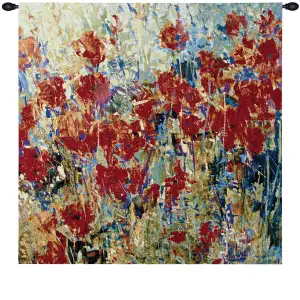 Red Poppy Field Fine Art Tapestry Wall Hanging 35 x 35 in Floral Landscape Jacquard Woven Decorative Wall Decor