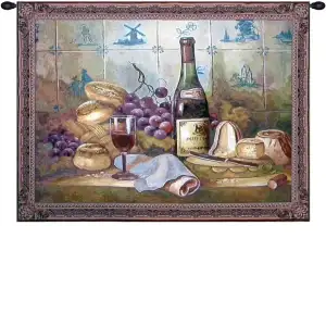 Wine Grapes and Bread Tapestry Wall Hanging 38 x 53 in Vineyard Still Life Jacquard Woven Wall Decor