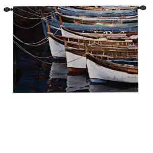 Row of Boats Fine Art Tapestry Wall Hanging 35 x 50 in Nautical Coastal Jacquard Woven Decorative Wall Decor