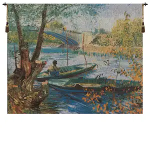 Vincent Van Gogh Angler Boat at Pont Tapestry Wall Hanging 24 x 28 in Impressionist Landscape Woven Wall Decor