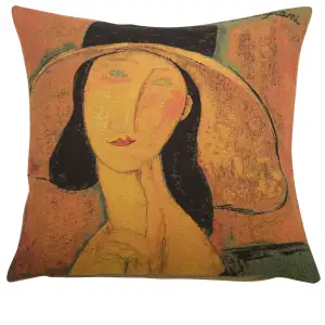 Amedeo Modigliani Jeanne Hebuterne Large Hat Tapestry Pillow Cover 18x18 Inch Cotton Jacquard Woven Cushion Cover