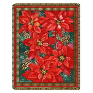 Poinsettia Jacquard Woven Tapestry Throw Blanket 52x68 Inch Christmas Floral Decor