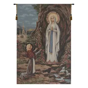 Alberto Passini Apparitione Lourdes European Tapestry Wall Hanging 25 x 17 in Religious Madonna Jacquard Woven Decor